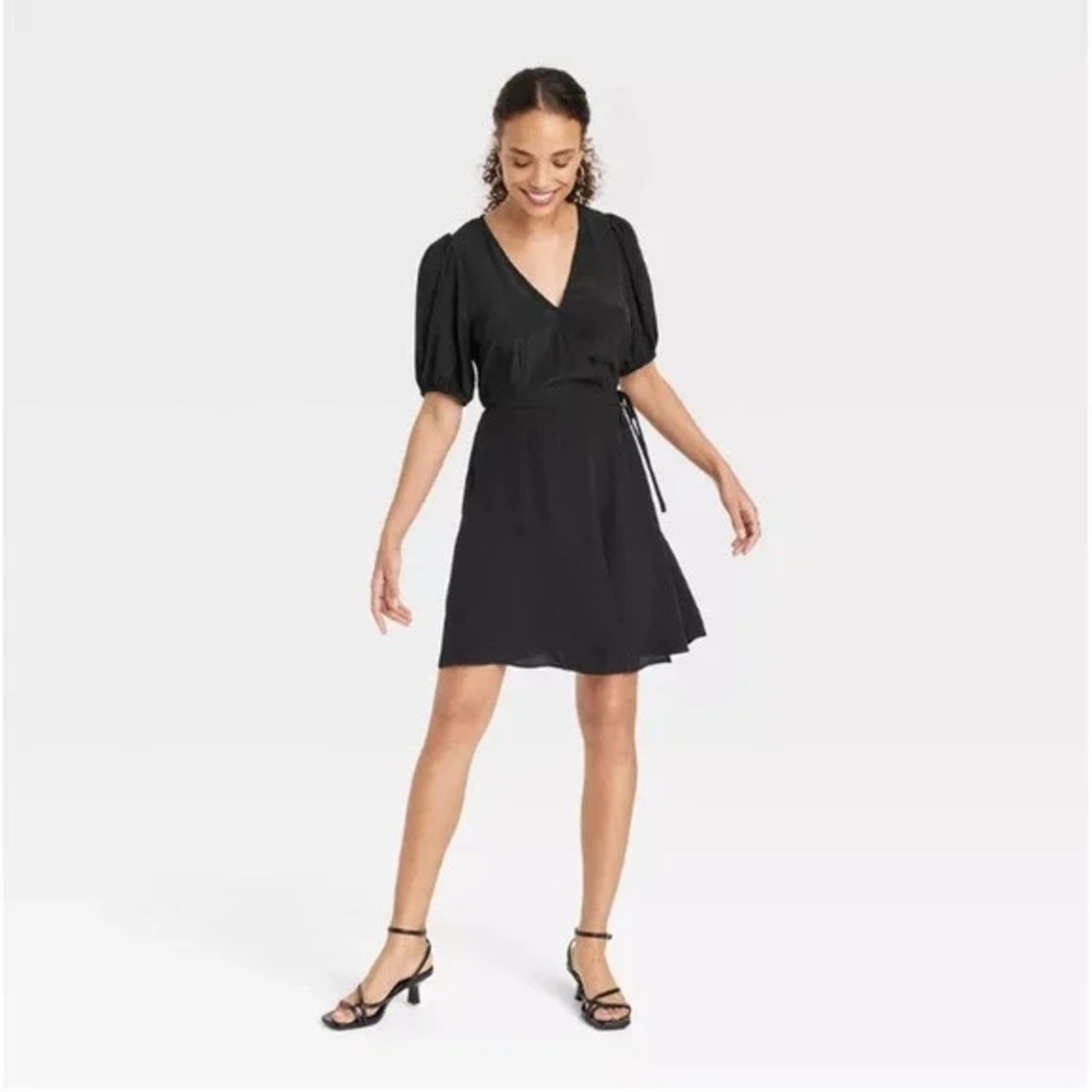 A New Day Black Wrap Puff Sleeve Mini Dress- Medium